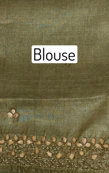 Lightweight Gotta Patti Embroidery Pure Tussar Silk Saree | Sage Green | Hand Embroidery | Ships from California